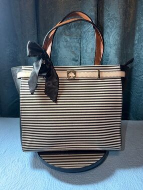kate spade Black and White Striped Tote with Bow 12 x 11
